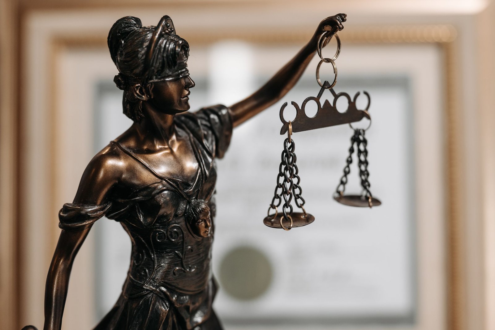 Bronze figure of Justice with scales, for a skilled-person financial crime review